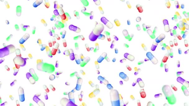 Latające Wiele Kapsułek Medycznych Białym Tle Medycyna Koncepcja Farmaceutyczna Animacja — Wideo stockowe