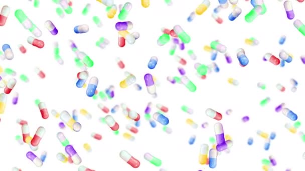 Latające Wiele Kapsułek Medycznych Białym Tle Medycyna Koncepcja Farmaceutyczna Animacja — Wideo stockowe