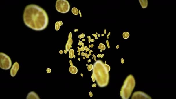 黒を背景に多くの乾燥レモンを飛んでいます 脱水果物 食品の概念 スライスフルーツレモンの3Dアニメーションが回転します ループアニメーション — ストック動画