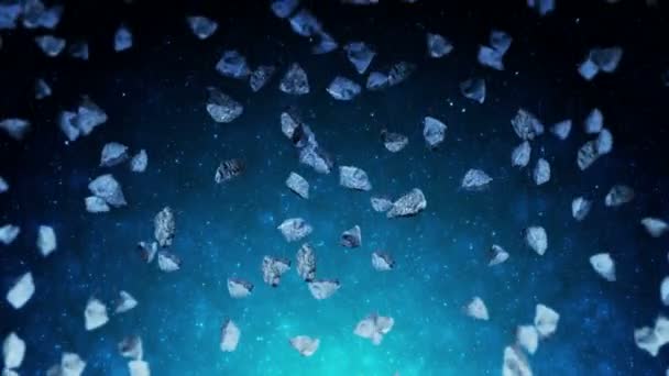 在深空背景中飞行许多小行星 破碎的飞溅爆炸 满天星斗陨石旋转的3D动画 循环动画 — 图库视频影像