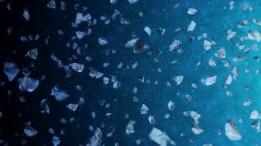 Uzayın derinliklerinde birçok asteroit uçuyor. Kırık sıçrama patlaması. Yıldızlı gökyüzü. Dönen meteorların 3 boyutlu animasyonu. Döngü canlandırması.