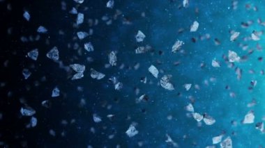 Uzayın derinliklerinde birçok asteroit uçuyor. Kırık sıçrama patlaması. Yıldızlı gökyüzü. Dönen meteorların 3 boyutlu animasyonu. Döngü canlandırması.