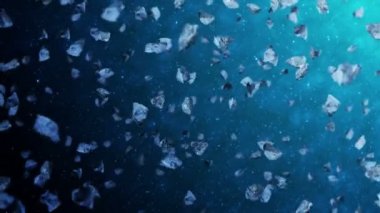 Uzayın derinliklerinde birçok asteroit uçuyor. Kırık sıçrama patlaması. Yıldızlı gökyüzü. Dönen meteorların 3 boyutlu animasyonu. Döngü canlandırması.