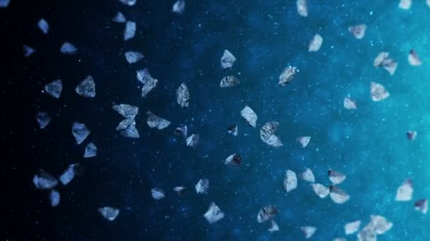 在深空背景中飞行许多小行星 破碎的飞溅爆炸 满天星斗陨石旋转的3D动画 循环动画 — 图库视频影像