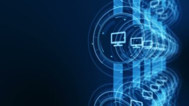 Ağ topluluğu. Uzaktan çalışma konsepti. Masaüstü bilgisayar ve dizüstü bilgisayarlar. Döngü animasyonu. Sosyal bağlantısı olan dijital teknoloji.