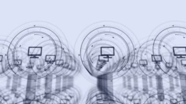 Ağ topluluğu. Uzaktan çalışma konsepti. Masaüstü bilgisayar ve dizüstü bilgisayarlar. Döngü animasyonu. Sosyal bağlantısı olan dijital teknoloji.