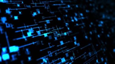 Mavi neon çizgilerin parlak teknolojisi. İş konsepti. Siyah arkaplanda dönen karelerin 3 boyutlu yansıması. Döngü canlandırması.