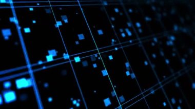 Mavi neon çizgilerin parlak teknolojisi. İş konsepti. Siyah arkaplanda dönen karelerin 3 boyutlu yansıması. Döngü canlandırması.