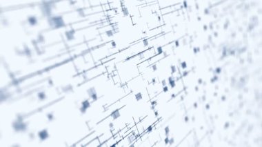 Mavi neon çizgilerin parlak teknolojisi. İş konsepti. Beyaz arkaplanda dönen karelerin 3 boyutlu yansıması. Döngü canlandırması.