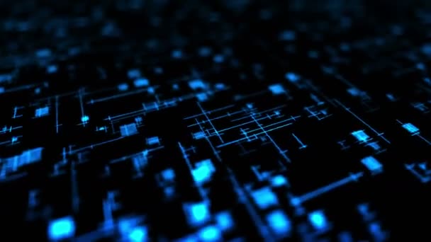 Technologie lumineuse des lignes néon bleu. Concept d'entreprise. rendu 3D de carrés rotatifs traversant sur fond noir. Animation en boucle.