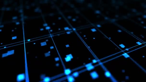 Technologie lumineuse des lignes néon bleu. Concept d'entreprise. rendu 3D de carrés rotatifs traversant sur fond noir. Animation en boucle.