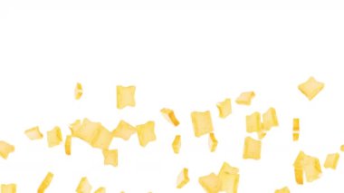 Beyaz arka planda bir sürü sade ekmek dilimi uçurmak. Yiyecek, yiyecek ve yeme konsepti. 3 boyutlu buğday ekmeği dilimi hareketi. Döngü canlandırması.