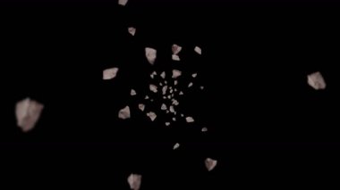 Siyah arka planda bir sürü kaya taşı uçuruyor. Kırık sıçrama patlaması. Meydan okuma konsepti. Dönen taş sıçramasının 3 boyutlu animasyonu. Döngü canlandırması.