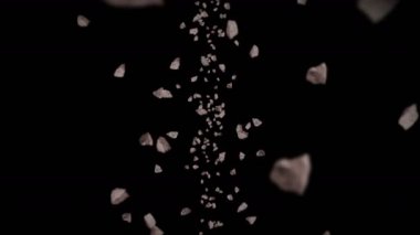 Siyah arka planda bir sürü kaya taşı uçuruyor. Kırık sıçrama patlaması. Meydan okuma konsepti. Dönen taş sıçramasının 3 boyutlu animasyonu. Döngü canlandırması.