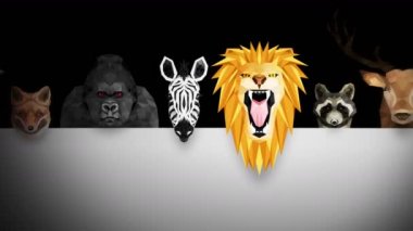 Farklı hayvan koleksiyonu. Hayvanat bahçesi sembolü. Düşük çokgen simgeleri. Aslan, Goril, Zebra, Rakun, Tilki, Fil, Geyik, Baykuş. Geometrik döngü canlandırma kümesi.