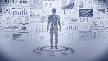 Sanal insan vücudu. İnsan tıbbi hologram animasyonu. Grafik, Diyagram, Infographic. Tıp ve sağlık hizmetleri kavramı. Kullanıcı Arayüzü. Yüksek teknoloji gelecek döngü canlandırması.
