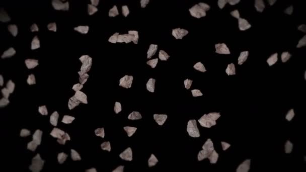 Fliegen Viele Felsen Stein Auf Schwarzem Hintergrund Kaputte Spritze Explosion — Stockvideo