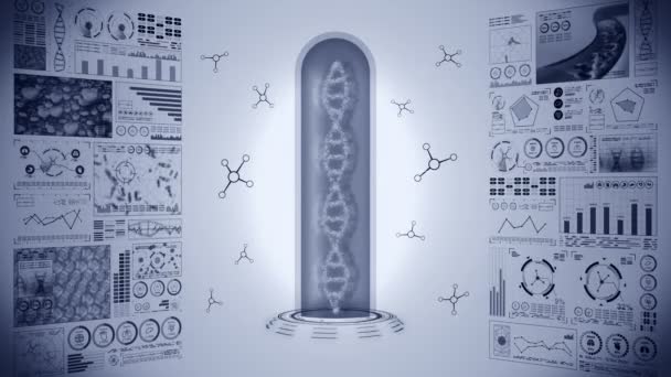 Dnaらせん分子ループアニメーション Dna染色体の概念 デジタルデータチャートのホログラム要素 医療情報学 ハイテク未来デザイン — ストック動画