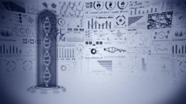 DNA sarmalı molekül döngüsü animasyonu. DNA kromozomu konsepti. Dijital veri grafiğinin hologram elemanları. Tıbbi Bilgiler. Yüksek teknoloji gelecek tasarımı.