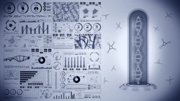 DNS helix molekula hurok animáció. DNS kromoszóma koncepció. A digitális adatdiagram hologram elemei. Orvosi infografika. Csúcstechnológiai jövőbeli tervezés.