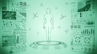 Kadın sanal vücudu. İnsan tıbbi hologram animasyonu. Grafik, Diyagram, Infographic. Tıp ve sağlık hizmetleri kavramı. Kullanıcı Arayüzü. Yüksek teknoloji gelecek döngü canlandırması.