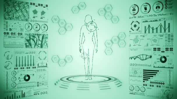 女性の仮想体 ヒトの医療ホログラムアニメーション グラフ インフォグラフィック 医学と医療の概念 ユーザーインターフェイス ハイテク未来ループアニメーション — ストック動画