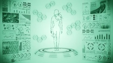 Kadın sanal vücudu. İnsan tıbbi hologram animasyonu. Grafik, Diyagram, Infographic. Tıp ve sağlık hizmetleri kavramı. Kullanıcı Arayüzü. Yüksek teknoloji gelecek döngü canlandırması.