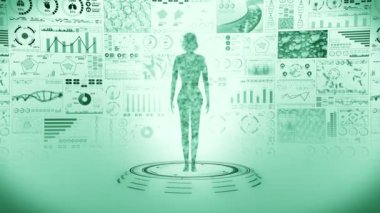Kadın sanal vücudu. İnsan tıbbi hologram animasyonu. Grafik, Diyagram, Infographic. Tıp ve sağlık hizmetleri kavramı. Kullanıcı Arayüzü. Yüksek teknoloji gelecek döngü canlandırması.