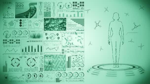 Женское Виртуальное Тело Анимация Человеческой Медицинской Голограммы График Диаграмма Инфографика — стоковое видео
