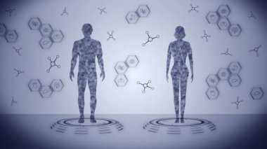 Erkek ve kadın sanal vücut. İnsan tıbbi hologram animasyonu. Dijital bilgi grafiği. Tıp ve sağlık hizmetleri kavramı. Yüksek teknoloji gelecek döngü canlandırması.