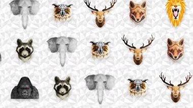 Farklı hayvan koleksiyonu. Hayvanat bahçesi sembolü. Düşük çokgen simgeleri. Aslan, Goril, Zebra, Rakun, Tilki, Fil, Geyik, Baykuş. Geometrik döngü canlandırma kümesi.