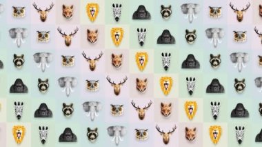 Farklı hayvan koleksiyonu. Hayvanat bahçesi sembolü. Düşük çokgen simgeleri. Aslan, Goril, Zebra, Rakun, Tilki, Fil, Geyik, Baykuş. Geometrik döngü canlandırma kümesi.