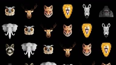 Farklı hayvan koleksiyonu. Hayvanat bahçesi sembolü. Düşük çokgen simgeleri. Aslan, Goril, Zebra, Rakun, Tilki, Fil, Geyik, Baykuş. Geometrik döngü canlandırma kümesi.