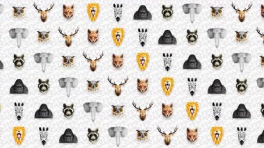 Farklı hayvan koleksiyonu. Hayvanat bahçesi sembolü. Düşük çokgen simgeleri. Aslan, Goril, Zebra, Rakun, Tilki, Fil, Geyik, Baykuş. Geometrik döngü canlandırma kümesi.