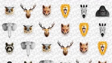 Farklı hayvan koleksiyonu. Hayvanat bahçesi sembolü. Düşük çokgen simgeleri. Aslan, Goril, Zebra, Rakun, Tilki, Fil, Geyik, Baykuş. Geometrik döngü canlandırma kümesi.