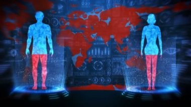 İnsan ve Dünya. Tıbbi hologram döngü animasyonu. İnsanlar sanal beden. Dünya kırmızılar içinde ölecek ve iyileşecek. Enfeksiyon salgını. Salgın sona erdi. Hastalık ve Sağlık.