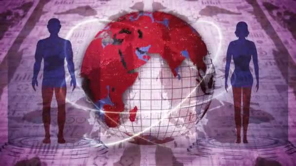 人类和地球 医学全息图循环动画 人的虚拟身体 地球将在红色中死亡 并变得健康 感染的大流行 大流行病 疾病与健康 — 图库视频影像