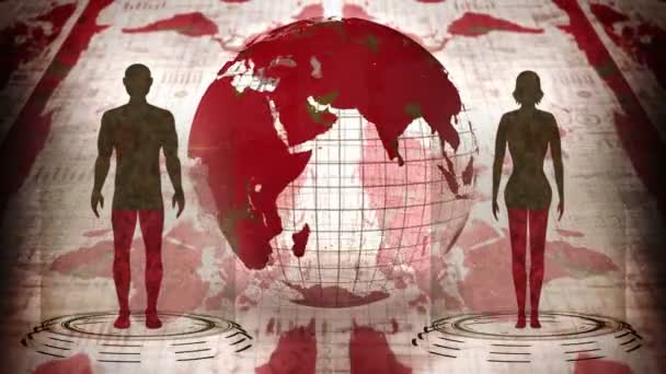 人間と地球 医療ホログラムループアニメーション 人々の仮想体 地球は赤く死に 良くなるでしょう 感染症の流行 流行病の終わり — ストック動画