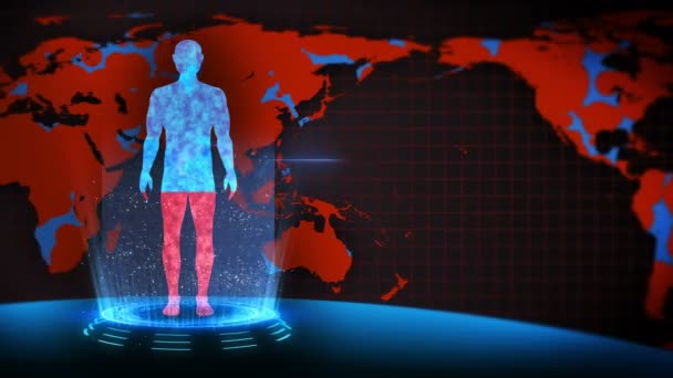 人間と地球 医療ホログラムループアニメーション 人間の仮想体 地球は赤く染まってよくなるでしょう 感染症の流行 流行病の終わり — ストック動画