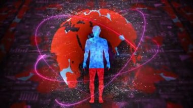 İnsan ve Dünya. Tıbbi hologram döngü animasyonu. Sanal insan vücudu. Dünya kırmızıya boyanacak ve iyileşecek. Enfeksiyon salgını. Salgın sona erdi. Hastalık ve Sağlık.