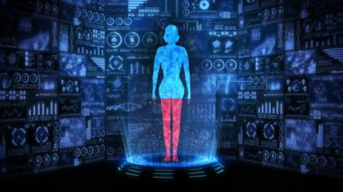 Kadın ve Dünya. Tıbbi hologram döngü animasyonu. Sanal insan vücudu. Dünya kırmızıya boyanacak ve iyileşecek. Enfeksiyon salgını. Salgın sona erdi. Hastalık ve Sağlık.