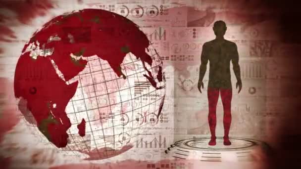 人类与地球 医学全息图循环动画 人的虚拟身体 地球会被染成红色并变得很好 感染的大流行 大流行病 疾病与健康 — 图库视频影像
