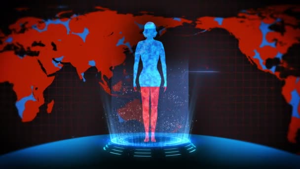 Vrouw Aarde Medische Hologram Lus Animatie Menselijk Virtueel Lichaam Aarde — Stockvideo