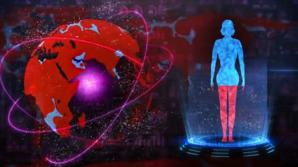女人和地球医学全息图循环动画 人的虚拟身体 地球会被染成红色并变得很好 感染的大流行 大流行病 疾病与健康 — 图库视频影像