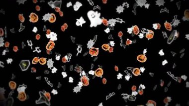 Siyah arka planda bir sürü Cadılar Bayramı canavarı uçurmak. Kağıt sanatı, balkabakları, yarasalar, örümcekler, hayaletler, mezarlar. Cadılar Bayramı partisinin 3 boyutlu animasyonu. Döngü canlandırması.