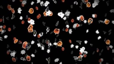 Siyah arka planda bir sürü Cadılar Bayramı canavarı uçurmak. Kağıt sanatı, balkabakları, yarasalar, örümcekler, hayaletler, mezarlar. Cadılar Bayramı partisinin 3 boyutlu animasyonu. Döngü canlandırması.