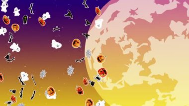 Bir sürü Cadılar Bayramı canavarı uçuruyor. Kağıt sanatı, balkabakları, yarasalar, örümcekler, hayaletler, mezarlar. Gökyüzünde dolunay var. Cadılar Bayramı partisinin 3 boyutlu animasyonu. Döngü canlandırması.