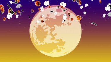 Bir sürü Cadılar Bayramı canavarı uçuruyor. Kağıt sanatı, balkabakları, yarasalar, örümcekler, hayaletler, mezarlar. Gökyüzünde dolunay var. Cadılar Bayramı partisinin 3 boyutlu animasyonu. Döngü canlandırması.