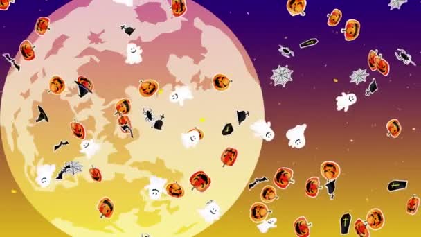 多くのハロウィンモンスターを飛んでいる 紙アート カボチャ バット 空に満月 ハロウィンパーティーの3Dアニメーション ループアニメーション — ストック動画