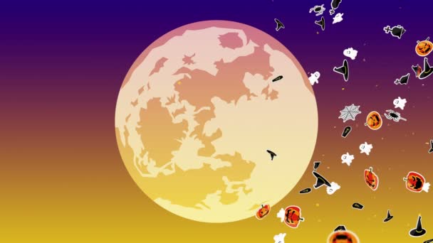 多くのハロウィンモンスターを飛んでいる 紙アート カボチャ バット 空に満月 ハロウィンパーティーの3Dアニメーション ループアニメーション — ストック動画